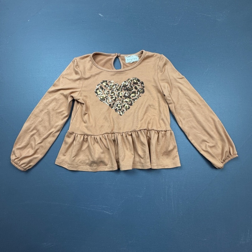 Btween Girls Size 5 Tan Leopard Peplum Shirt Long Sleeve Sequin Heart Keyhole